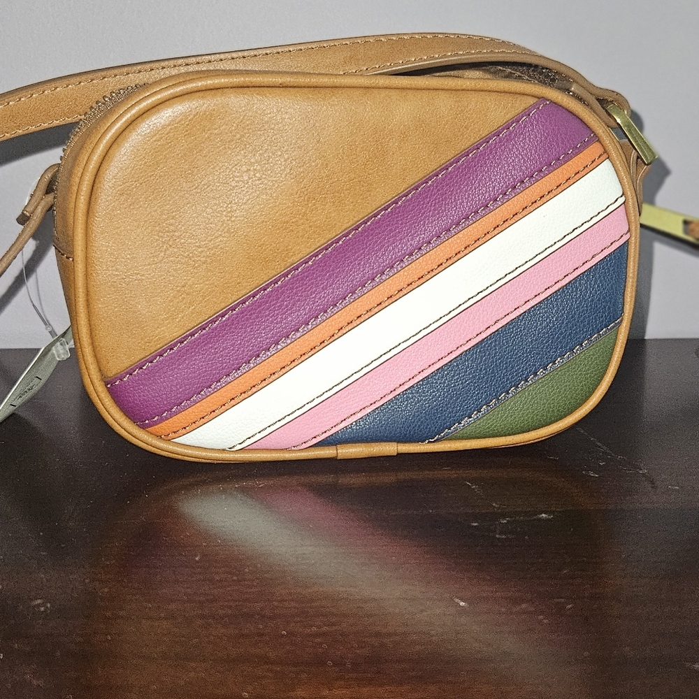 Fossil Tan Crossbody Bag with Multicolor Stripes